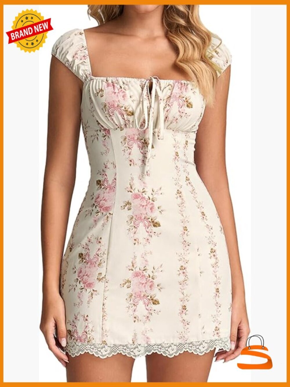 Vintage Floral Lace Up Corset Mini Dress Sheath Square Neck Sleeveless Summer